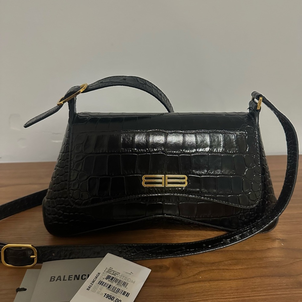 Balenciaga Black Croc-Embossed Shoulder Bag